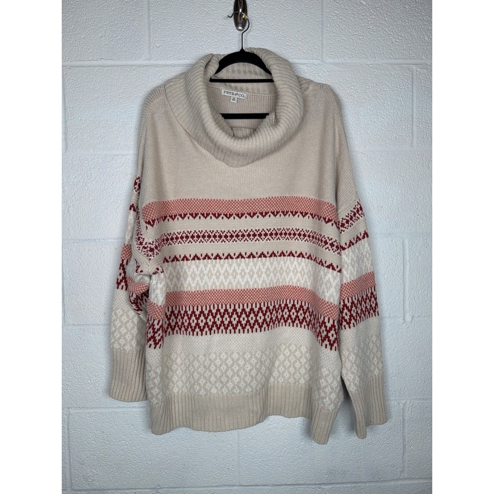 Frye & Co 2X Cowl Neck Fair Isle Sweater Beige Red Cotton Blend Winter Knit